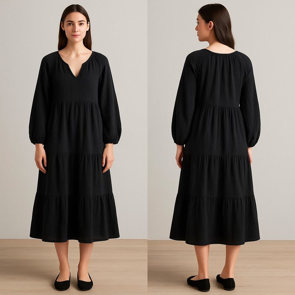 Saks Fifth Avenue Women’s XS Black Cotton Tiered Midi Dress Boho Puff Sleeve
